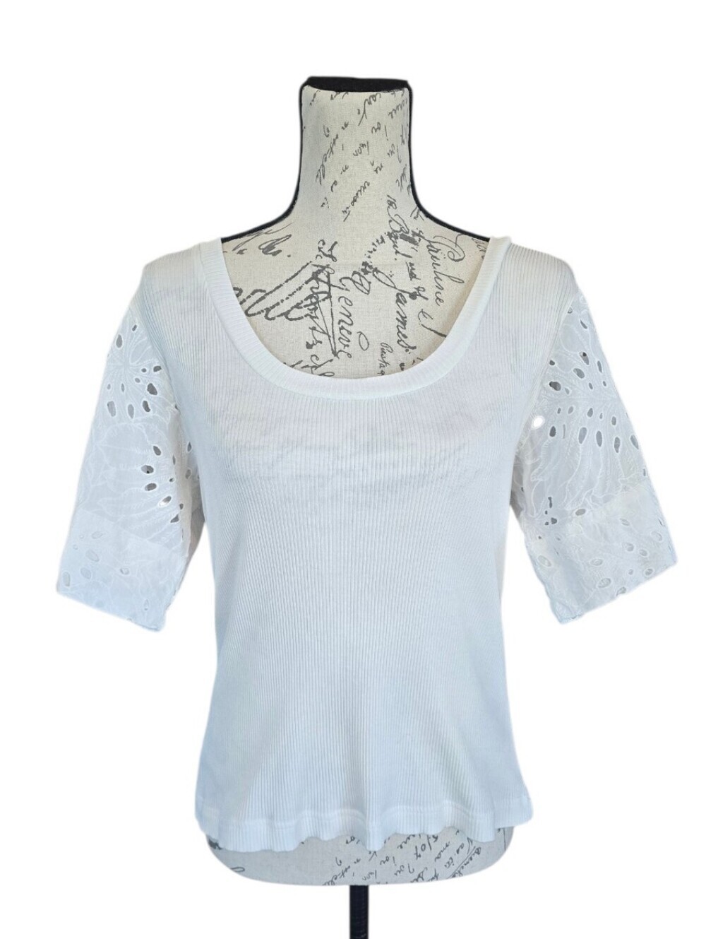 Derek Lam 10 Crosby White Eyelet Short Sleeve Ribbed Top L